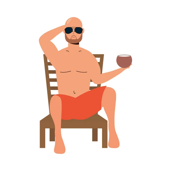 Hombre con traje de baño sentado en silla de playa comiendo coco — Vector de stock