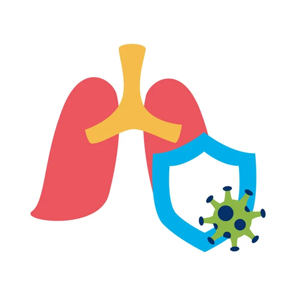 Covid19 pandemická částice s plícemi a štítem — Stockový vektor