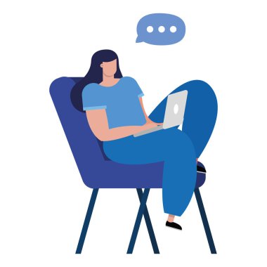 Teknoloji karakterini bağlayan dizüstü bilgisayar kullanan genç bir kadın.