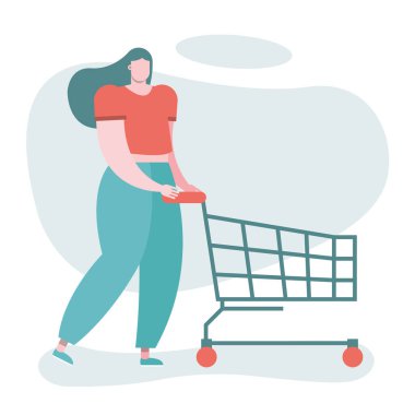 Alışveriş arabası karakteri olan genç bir kadın.