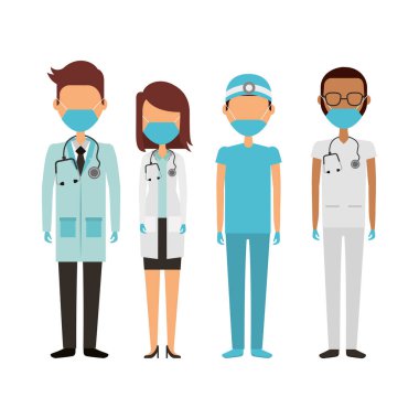Tıbbi maske takan genç doktorlar.