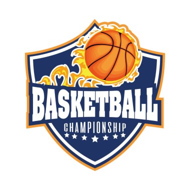Kalkanda alevler içinde basketbol balonu sporu amblemi