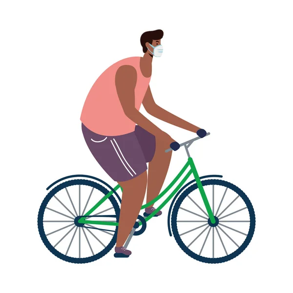 Joven afro hombre con máscara médica en el carácter de la bicicleta — Vector de stock
