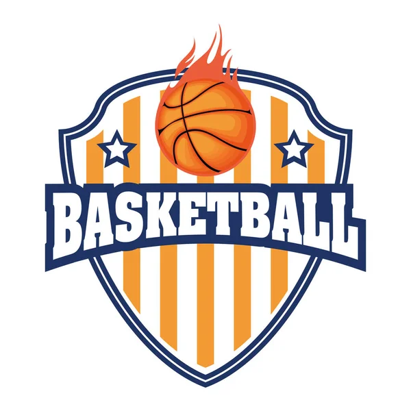 Emblema con balón de baloncesto deporte en llamas de fuego en escudo — Vector de stock