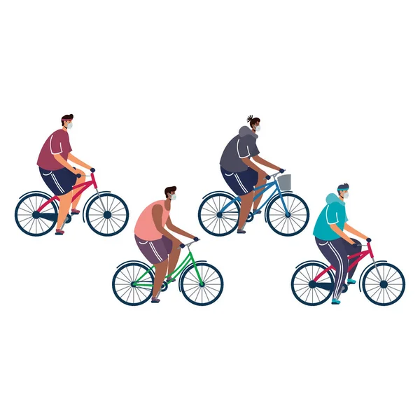 Hombres jóvenes con máscara médica en bicicletas — Vector de stock