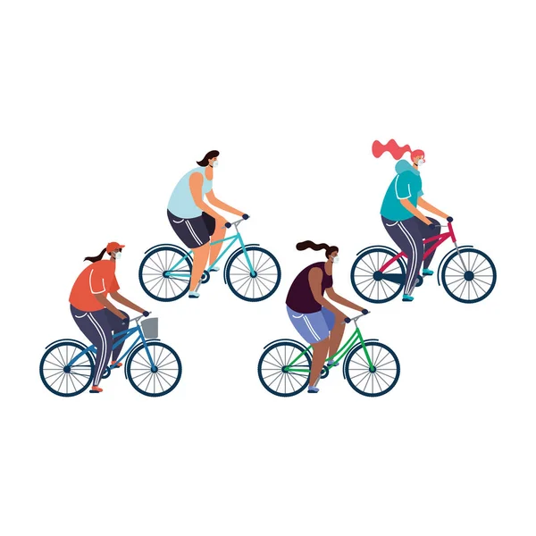 Mujeres jóvenes con máscara médica en bicicletas — Vector de stock