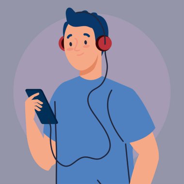 Genç adam kulaklık ve akıllı telefon kullanıyor.