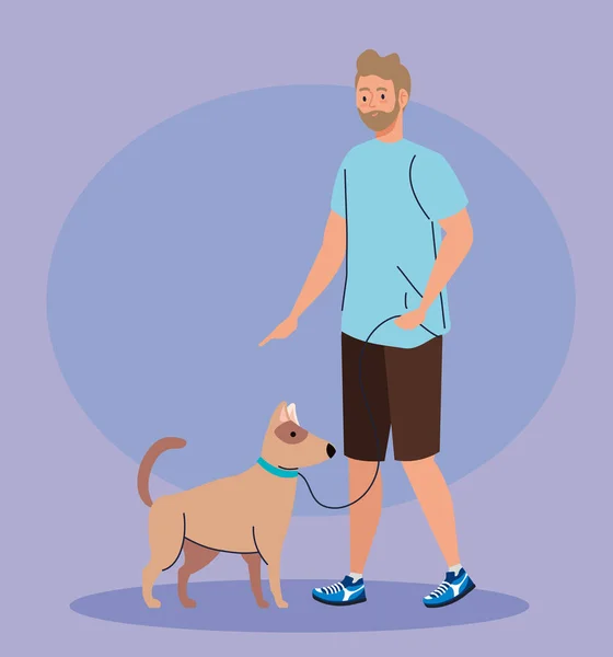 Joven en un paseo con un perro — Vector de stock