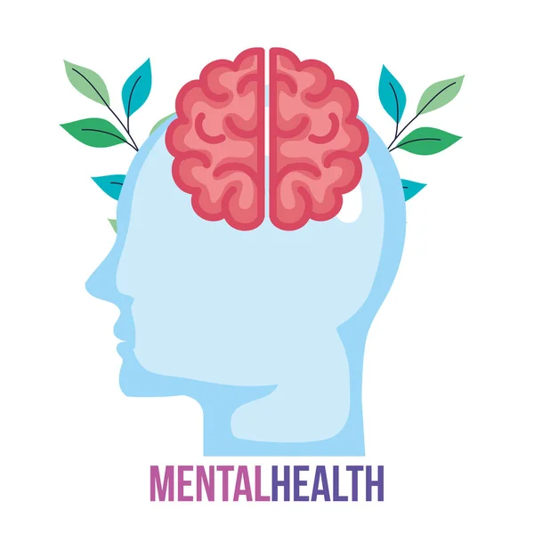 Mental health concept, profile head with brain, and leaves — Stock Vector