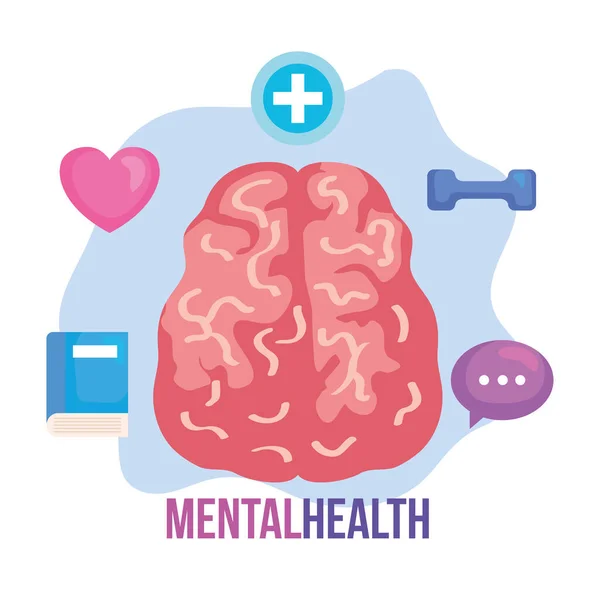 Mental health concept, with brain, positive mind with healthy icons — Stock Vector