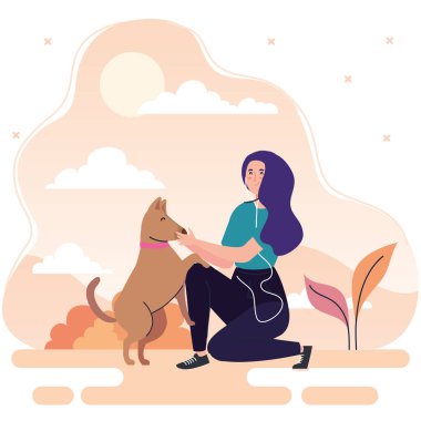 Pankart, kadın açık hava aktiviteleri, evcil köpekli kadın.