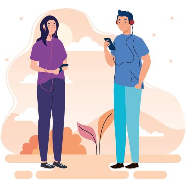 çift boş zaman aktiviteleri yapıyor, çift kulaklık ve akıllı telefon kullanıyor.