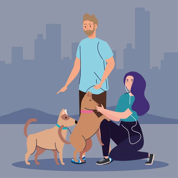 Joven pareja en un paseo con un perro — Vector de stock