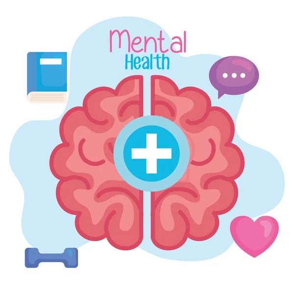 Mental health concept, with brain, positive mind with healthy icons — Stock Vector