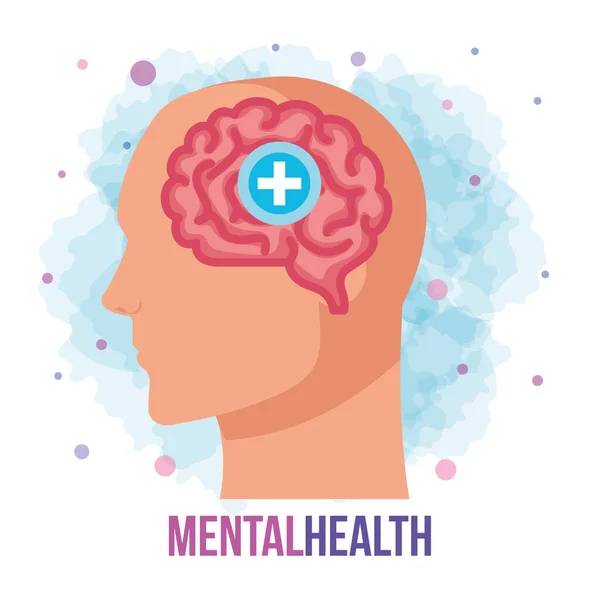 Mental health concept, profile head with brain, positive mind — Stock Vector