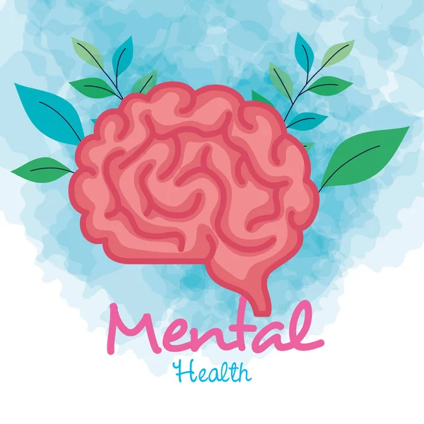 Concetto di salute mentale, cervello con foglie — Vettoriale Stock