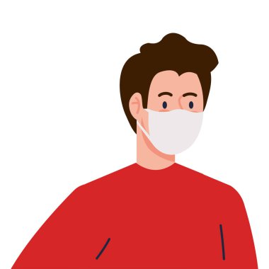 Beyaz arka planda Cavid 19 'a karşı koruyucu tıbbi maske takan adam.