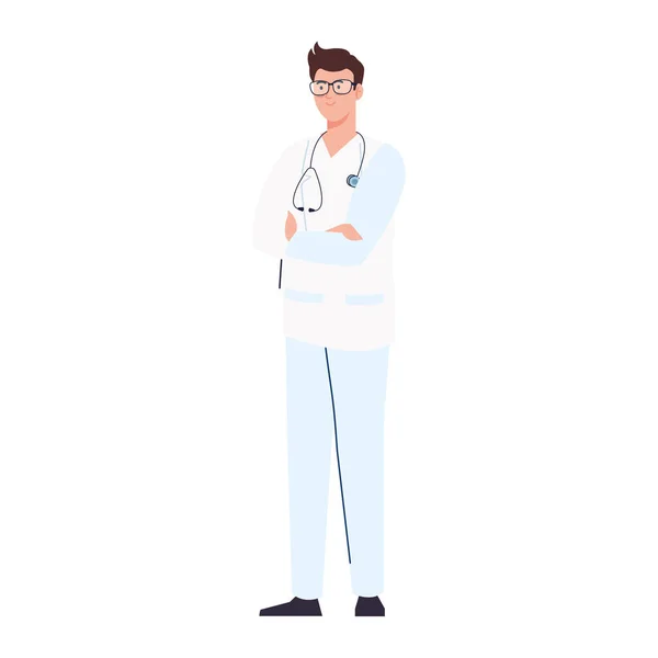 Профессиональный врач со стетоскопом и униформой на белом фоне — стоковый вектор