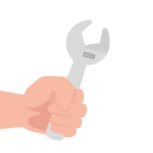 Mão com construção da ferramenta chave inglesa, no fundo branco — Vetor de Stock