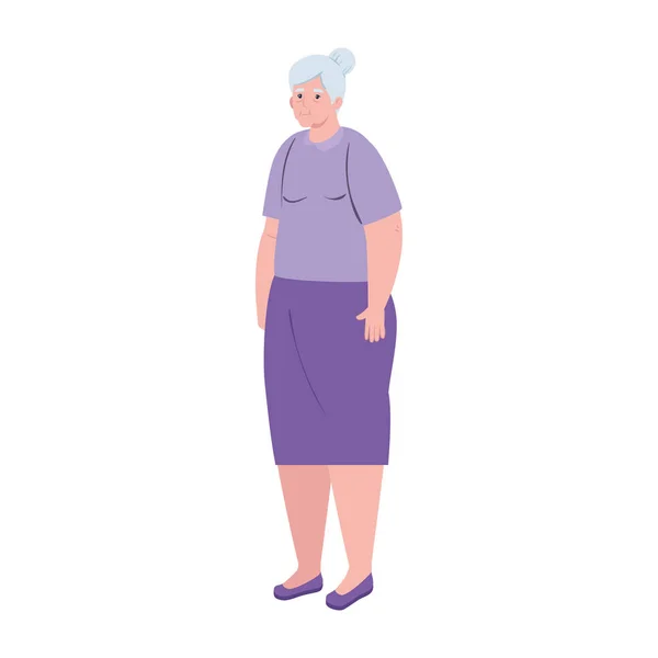 Wanita tua yang lucu berdiri, nenek berdiri di atas latar belakang putih - Stok Vektor