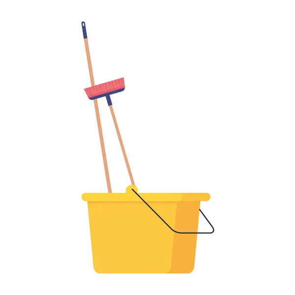 Plastic bucket tool yellow color with broom, on white background — Stock Vector