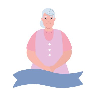 Kurdele takan sevimli yaşlı bir kadın, beyaz arka planda kurdele takan bir büyükanne.