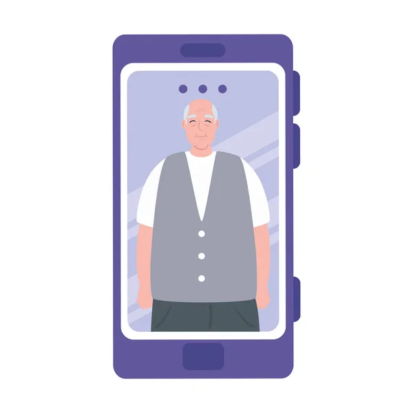 Smartphone video call, old man in conference video call online — Stock Vector