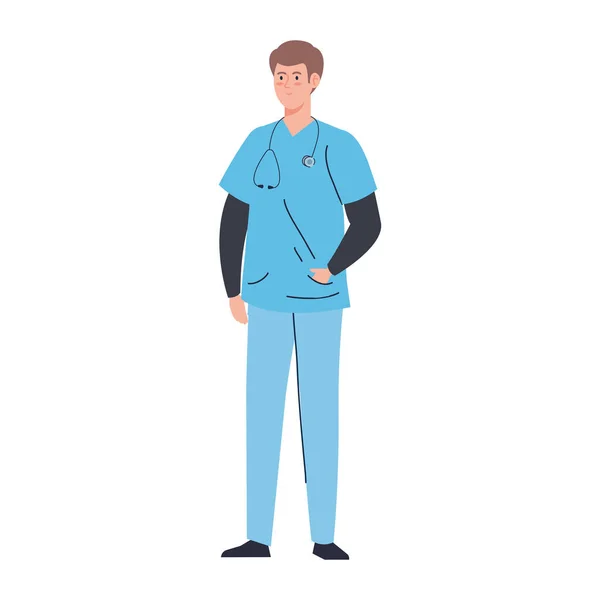 Berufsarzt mit Stethoskop und Uniform auf weißem Hintergrund — Stockvektor
