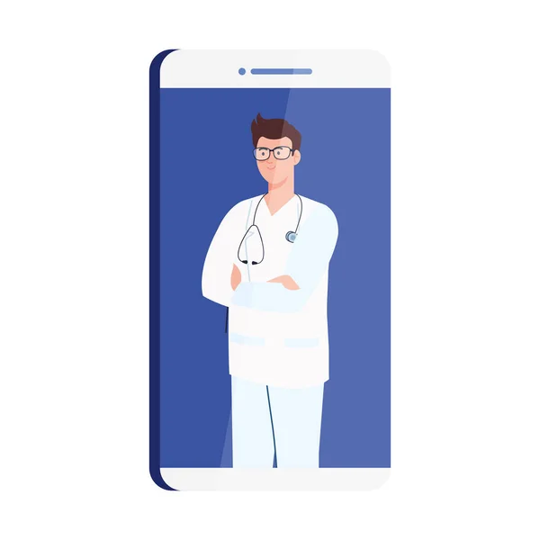 Медицина онлайн с врачом мужчина в смартфоне — стоковый вектор