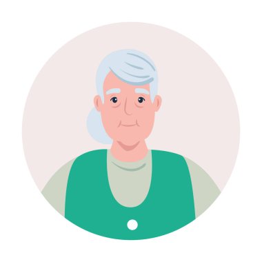 Çerçeveli sevimli yaşlı kadın, çerçeveli büyükanne beyaz arka planda dairesel.