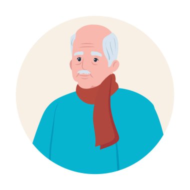 Çerçeveli sevimli yaşlı adam, çerçeveli büyükbaba beyaz arka planda dairesel.