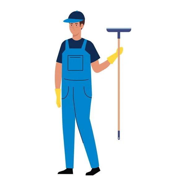 Hombre trabajador del servicio de limpieza, y vidrio de limpieza con escobilla — Vector de stock
