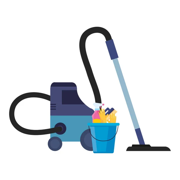 Vacuum cleaner and bucket with cleaning tools, on white background — Stock Vector