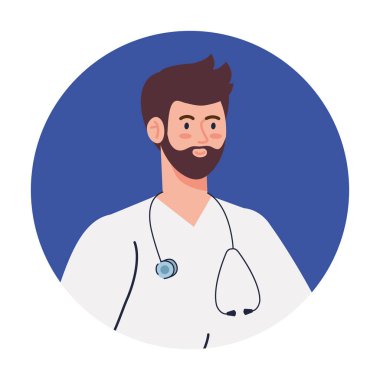 Dairesel çerçevede steteskobu olan profesyonel bir doktor.