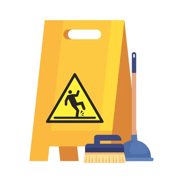 Caution sign wet floor with toilet plunger and brush cleaning, on white background — Stock Vector