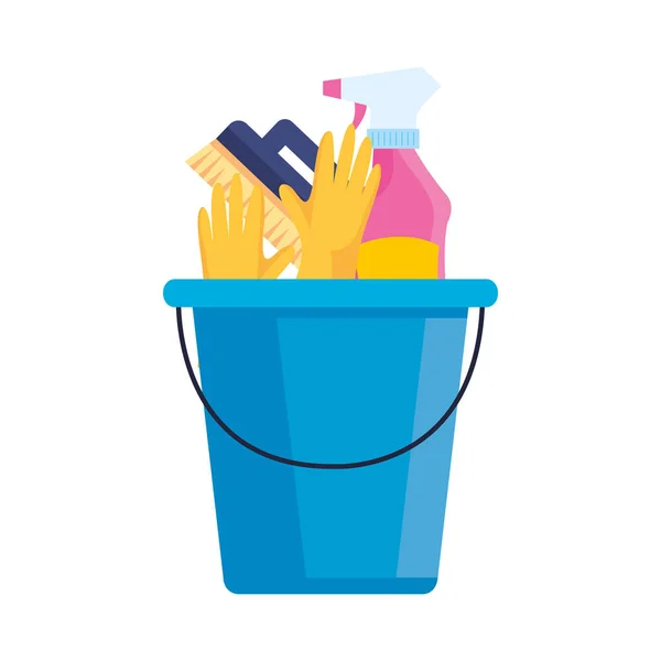 Úklidová služba, kbelík s čisticími prostředky, na bílém pozadí — Stockový vektor