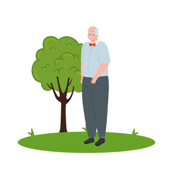 Tatlı yaşlı adam dışarıda, büyükbaba beyaz arka planda çimlerde. — Stok Vektör