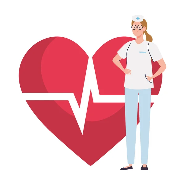 Verpleegster met hart puls op achtergrond — Stockvector