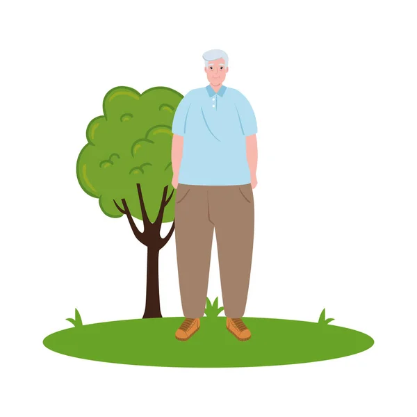 Tatlı yaşlı adam dışarıda, büyükbaba beyaz arka planda çimlerde. — Stok Vektör