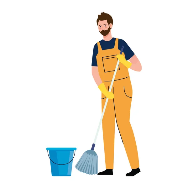 Férfi dolgozó takarítás szolgáltatás felmosóval, fehér alapon — Stock Vector