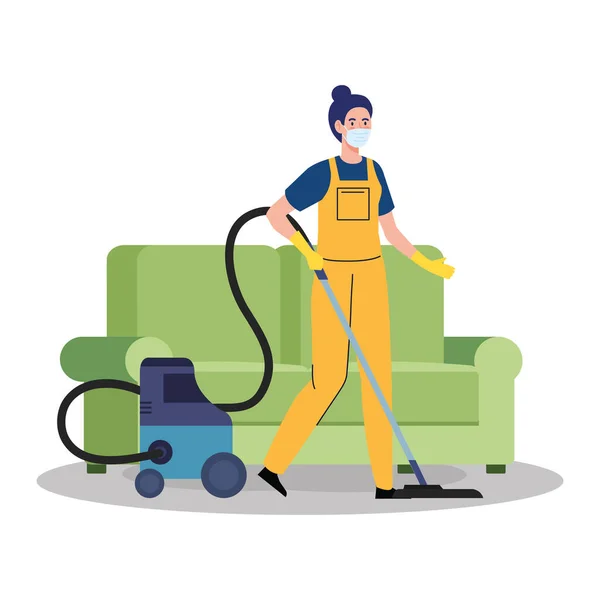 Woman worker of cleaning service wearing medical mask, vacuuming the furniture, on white background — Stock Vector