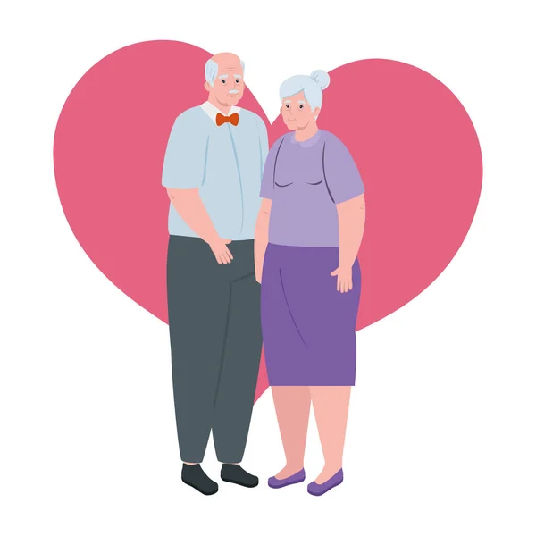 Casal de idosos de pé, mulher velha e homem velho de pé com fundo do coração —  Vetores de Stock
