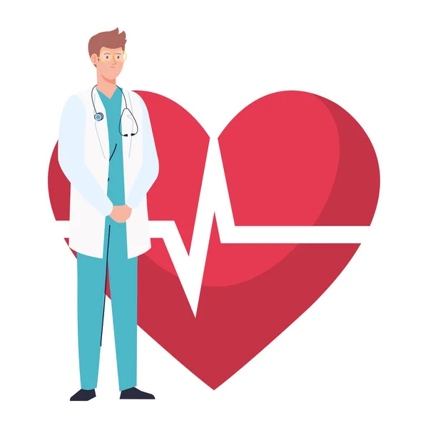 Professional doctor with heart pulse on background — Stock Vector