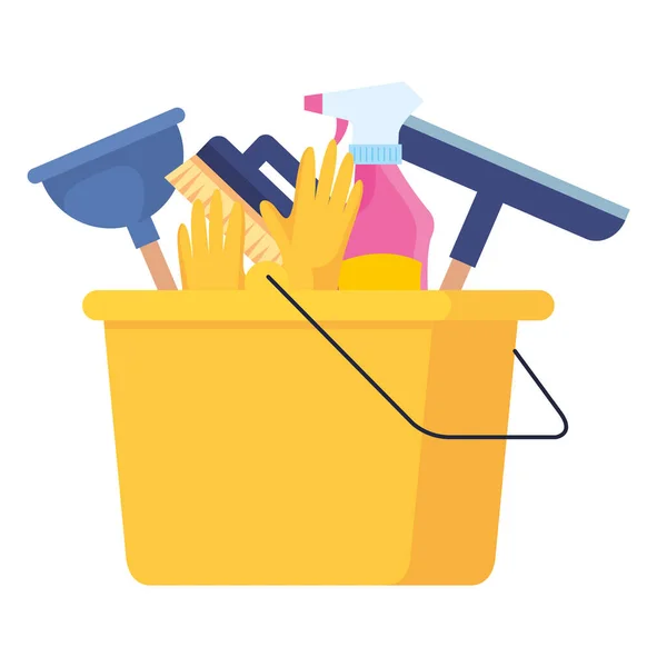 Servizio di pulizia, secchio con attrezzi per la pulizia, su fondo bianco — Vettoriale Stock