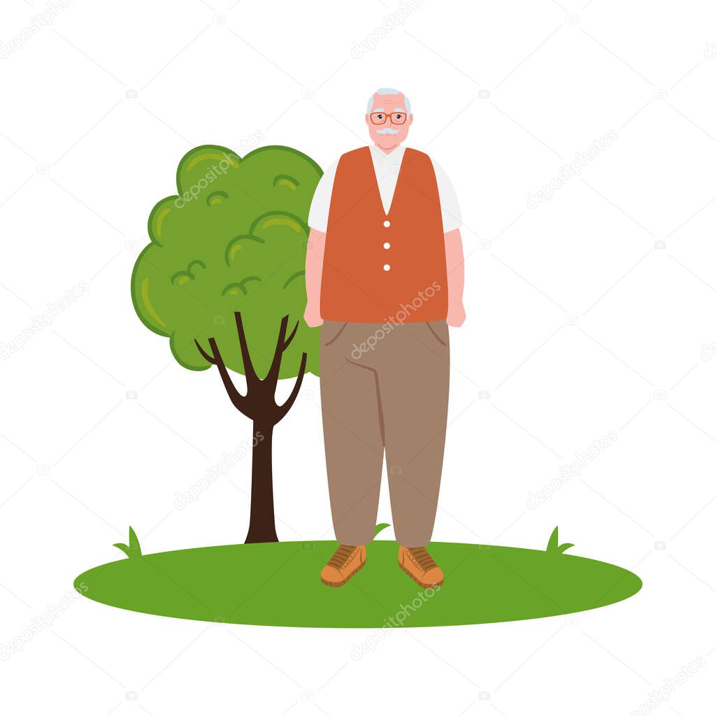 cute old man outdoor, grandfather in the grass on white background