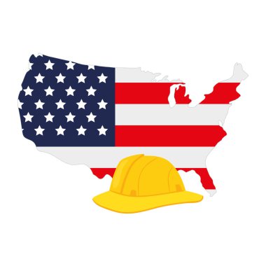 Beyaz arka planda Birleşik Devletler haritası olan sarı güvenlik kaskı