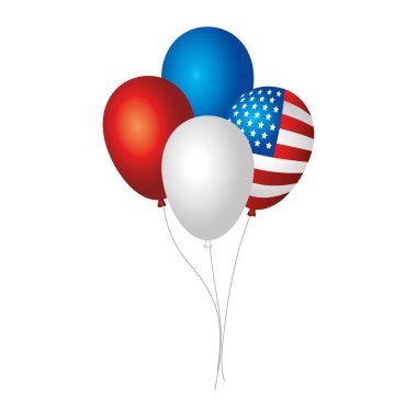 Beyaz zemin üzerinde ABD bayrağı olan helyum balonları