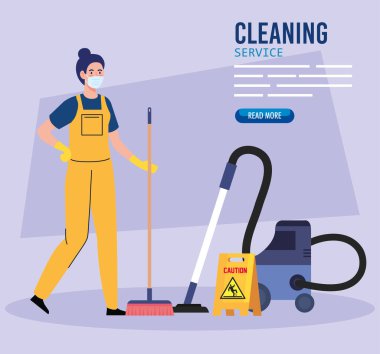 Temizlik hizmeti, temizlik işçisi kadın sağlık maskesi takıyor, elektrikli süpürge kullanıyor.