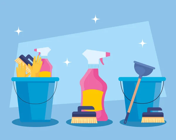 Set di servizi di pulizia in secchi con utensili per la pulizia — Vettoriale Stock