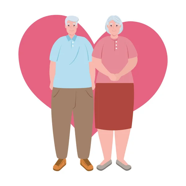 Casal de idosos de pé, mulher velha e homem velho de pé com fundo do coração —  Vetores de Stock
